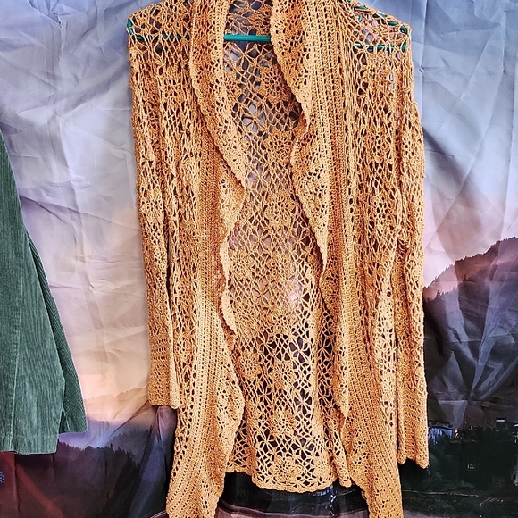 Karen Kane Crochet Open-Front Cardigan - Brown - Picture 1 of 3